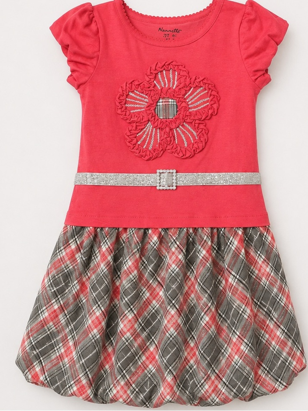 Nannette Coral pink Plaid Dress with Silver Glitter Belt